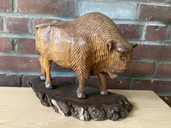 Carved Wood Bison On Wood Slab Base