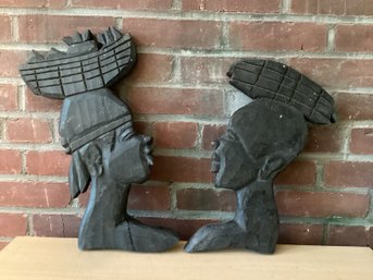 2 African  Wood Carved Profiles Wall Plaques