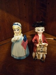 Vintage Enesco Patriotic Colonial Couple Betsy Ross And James Madison Salt And Pepper Shaker 1950-1960