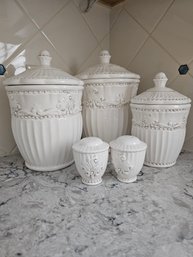 American Atelier Baroque Ironstone,  3 Canisters, And Matching Salt And Pepper Shakers