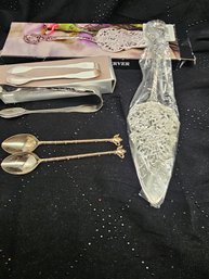 Silver Plated, Cake Knife, Sugar Cube Tongs, And Tiny Spoons With Teapots On The Handles