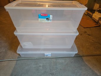 Three Rubbermaid, Totes, One Gift Wrap Storage