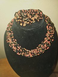 Red Coral, Blacky Onyx And Seed Beads In Gold Color Accents, Multiple Strand Necklace & Matching Bracelet