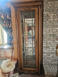 Curio Cabinet With Leaded Glass Doors, Glass Shelves, Lighted, Dark Oak Color 2:2