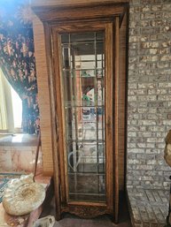 Curio Cabinet With Leaded Glass Doors, Glass Shelves, Lighted, Dark Oak Color 1:2