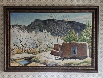 Original 1961 Ted Schuyler Painting, Adobe House Southwest Landscape Artist Signed And Dated