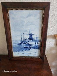 Original Van Kerke Framed Delft Blue  Tableau Featuring Dutch Landscape