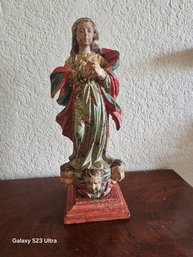 19th Century Hand-carved Gilt Polychrome Traditional Santo Virgin Mary On A Cloud Of Cherubs