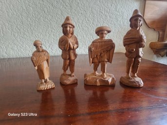 Vintage 4 Hand Carved Wooden Folk Art Depicting Andean Musicians In Traditional Attire