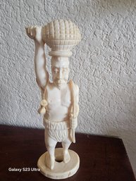 Vintage Hand Carved Sculpture Traditional Carved Laborer Carrying A Load On His Head.