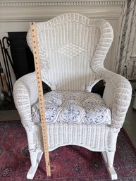 Vintage White Wicker High Back Wingback Rocking Chair With Blue Tufted Cushion