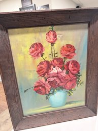 Vintage Signed Still Life Red Roses Painting Turquoise Vase Dark Wood Frame