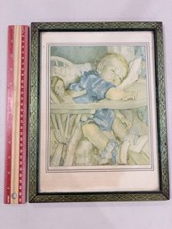 Vintage Framed Maud Tousey Fangel Print Sandman's Here Sleeping Baby Highchair