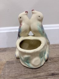 Vintage Pottery Love Birds Ceramic Wall Pocket Planter Parakeets On Log