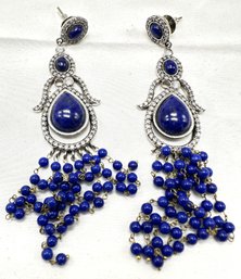 Pair Of Sterling Silver And Lapis Lazuli Long Chandelier Earrings With Diamonds Paved