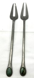 Pair Of Chinese Vintage Pickle Forks With Jade Decoration