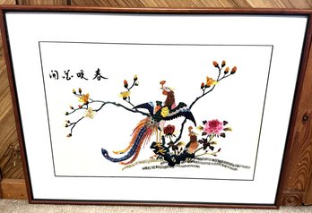 Framed Chinese Vintage Silk Embroidery Picture With Bird And Flowers