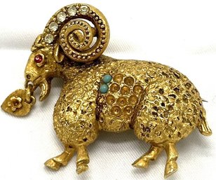Rare Vintage Ram Brooch Or Pin, Vintage Figural Sculptural Textured Jeweled Ram Brooch With Turquoise And Crys