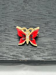 Vintage Butterfly Pin Red Hand Painted Enamel Clear Stones Pendant Brooch