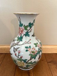 Chinese Vintage Porcelain, Famille Verte Vase With Birds And Flowers, Six Characters Mark On The Bottom