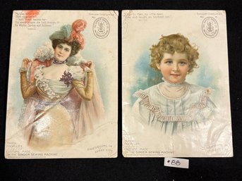 (2) Singer Sewing Machine Antique Advertising Trade Cards