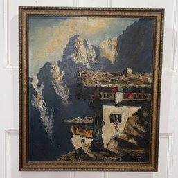 Vintage 'Alpine Mountain Farmhouse' Large Original Oil Painting - Signed 'G. Meynen'