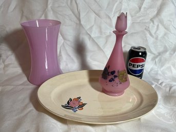 Pink Glass Bottle, Vase & Leigh Ware Platter