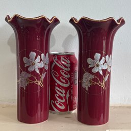 Pair Of Vintage Flared Ceramic Vases 'Magnolia' Otagiri, Made In Japan