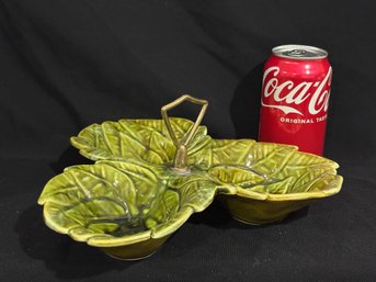 Vintage California Pottery Three-Section Green Leaf Snack And Relish Serving Dish
