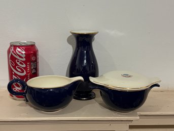 3 Piece Lot - Vintage Cobalt Blue & White Ceramics - Cream & Sugar Set, German Vase