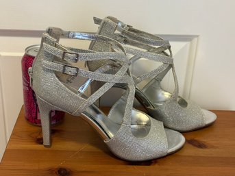 FIONI Night Silver Glitter Strappy Stiletto Heels - Size 7 1/2 Women's Shoes
