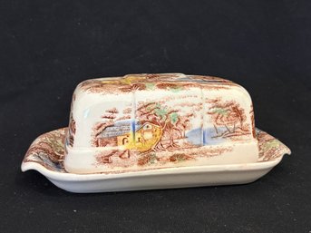 Vintage Ceramic Butter Dish - Nasco Made In Japan 'Mountain Woodland' Transferware Pattern