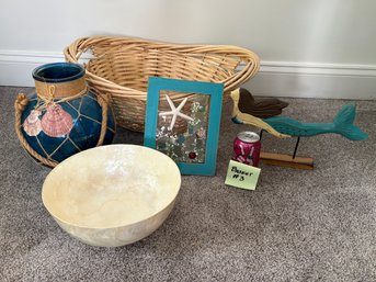 Beachy Home Decor, Seaside Cottage - Basket Lot #3 Capiz Shell Bowl, Mermaid & More