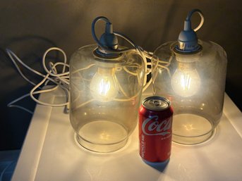 Pair Of IKEA Glass Globe Pendant Lamps With LED Bulbs