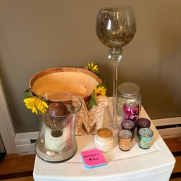 Vases, Candle Holders & Wooden 'M' Basket Lot #10