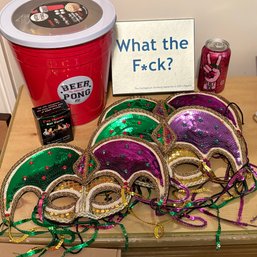 College Party Games Lot - Beer Pong, I've Never Cards, What The F*ck, Mardi Gras Masks