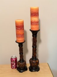 Pair Of Pillar Candles On Stands - Pineapple Mango