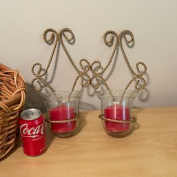 Pair Of Metal & Glass Wall Sconce Candle Holders (And Basket)