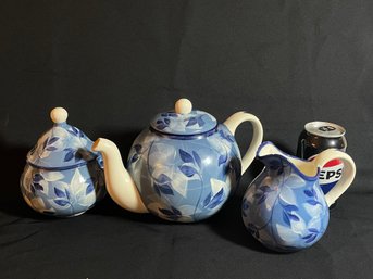 Blue & White Floral Ceramic Teapot, Sugar Bowl & Creamer Set - Signed 'Roxie'
