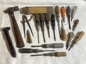 Vintage Hand Tools Lot - Great Wood Handle Screwdrivers, Lufkin Folding Ruler