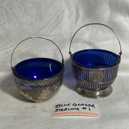 Beautiful Sterling Silver Condiment Dishes With Cobalt Blue Glass Inserts (107 Grams)