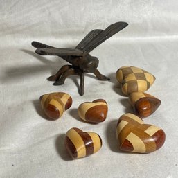 Iron Dragonfly & Wood Mosaic Hearts