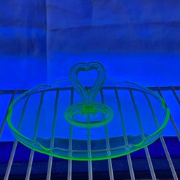 Uranium Glass Dish, Serving Plate With Heart Handle VINTAGE