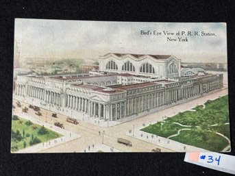 'Bird's Eye View Of P. R. R. Station' New York 1919 Antique Postcard