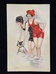 Bathing Beauties & Boston Terrier - Antique Art Nouveau Postcard By Suzanne Meunier