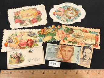 Antique Ephemera Lot - Victorian Cards, Irish Sweepstakes Ticket, Dick Powell Trading Card