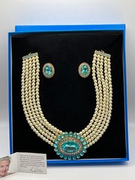 Heidi Daus Aqua Rhinestone & Multi Strand Pearl Necklace Matching Pierced Earrings