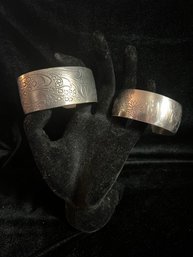 Two Bangle Pewter Bracelets Monogram Floral Design
