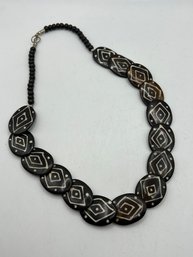 Vintage African Beaded Necklace Geometric Design 20' Length Gorgeous Brown Beads W/ Hook