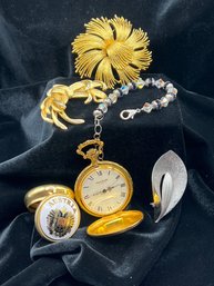 Small Lot Of Jewelry Pocket Watch Brooches & Bracelet